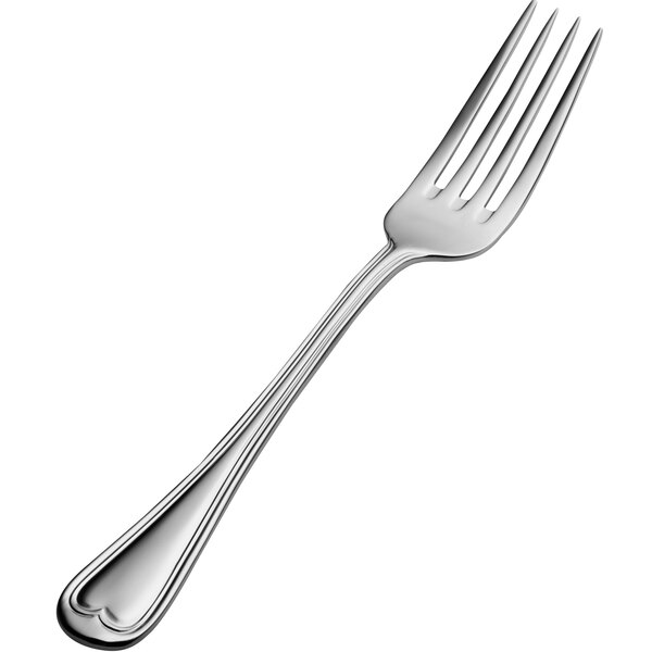 A close-up of a silver Bon Chef dinner fork with a white background.