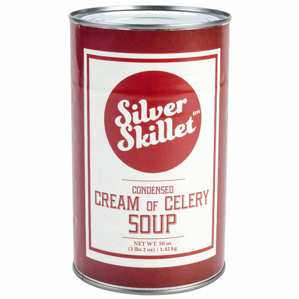 A silver can of Silver Skillet cream of celery soup with a white label.