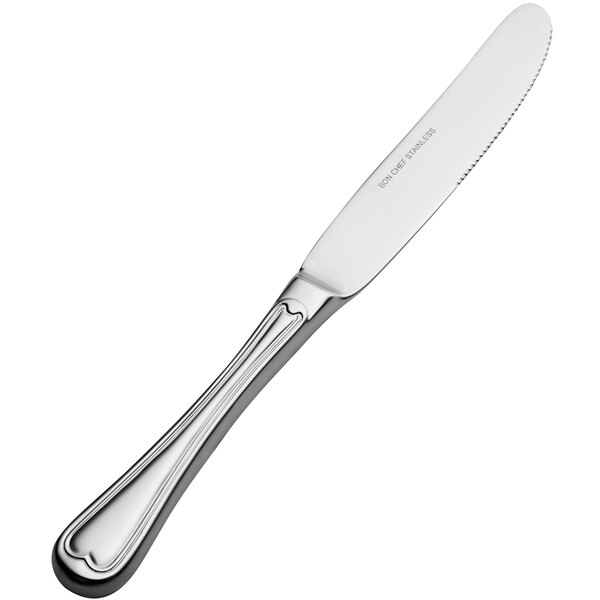 A Bon Chef stainless steel dinner knife with a black handle.