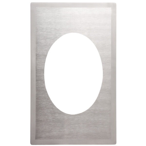 A stainless steel rectangular adapter plate with a circular cutout.
