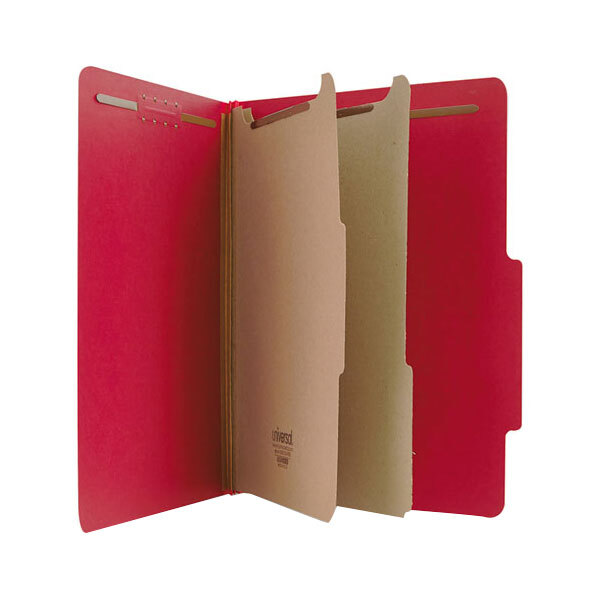A red Universal letter size classification folder with brown paper inside.