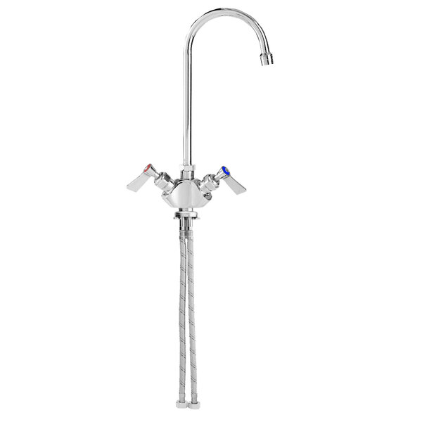 A silver Fisher deck-mounted faucet with lever handles and a rigid gooseneck nozzle.