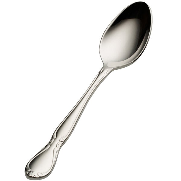 A Bon Chef stainless steel demitasse spoon with a silver handle and spoon.