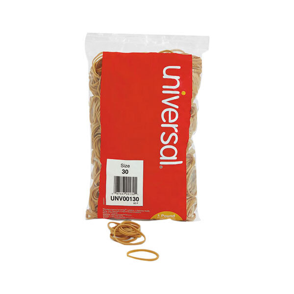 A beige bag of Universal rubber bands with a label.