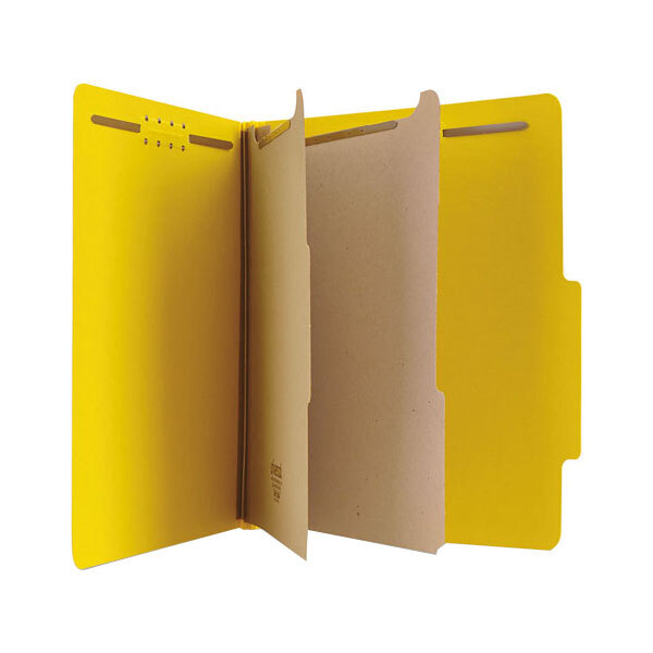 A yellow Universal letter size classification folder with white tabs and a white border.