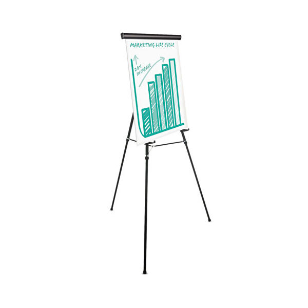 A black metal Universal heavy-duty presentation easel holding a white board with a graph drawn on it.