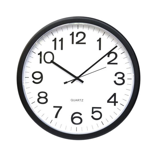 A Universal 12" black and white clock with black numbers on it.