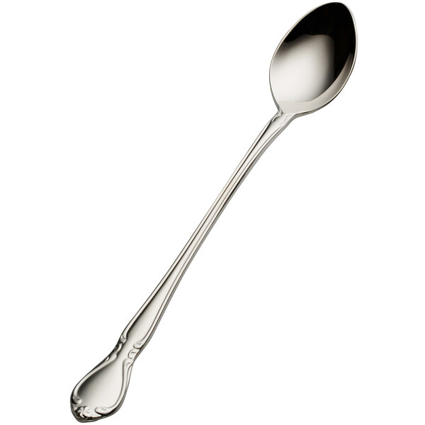 A close-up of a Bon Chef stainless steel iced tea spoon with a handle.