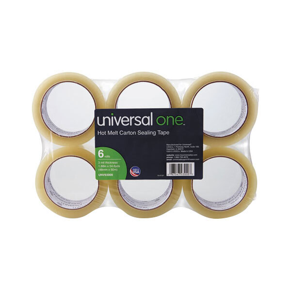 A white pack of 6 Universal clear heavy-duty box sealing tape rolls.