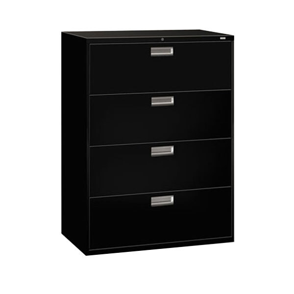 A black HON 600 Series lateral filing cabinet with four drawers and silver handles.