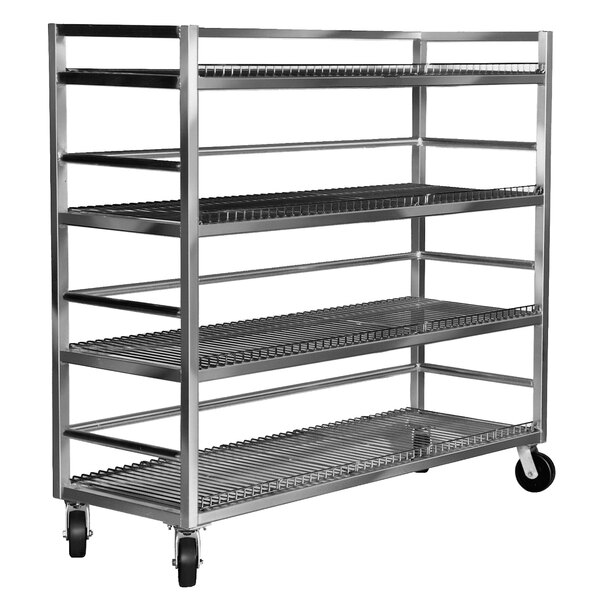 A metal Channel flight cart with four stainless steel shelves on wheels.