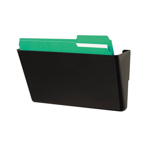 A black Universal plastic wall file holder with a green file inside.