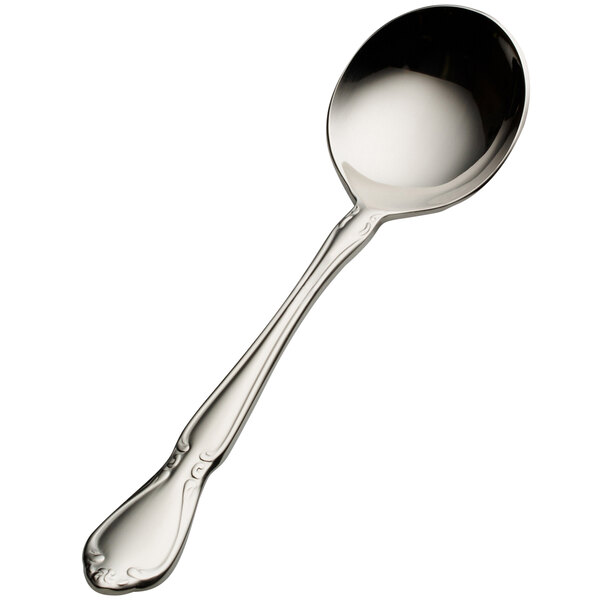 A close-up of a Bon Chef stainless steel bouillon spoon with a handle.
