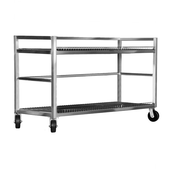 A Channel stainless steel transport flight cart with 2 shelves and wheels.