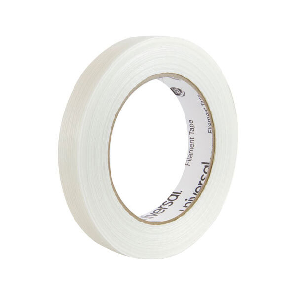 A roll of Universal clear filament tape with a white label.