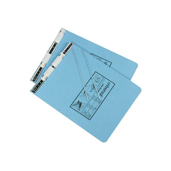 Two light blue UNV15431 hanging data post binders with white clips.