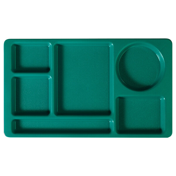 A teal rectangular tray with six compartments.