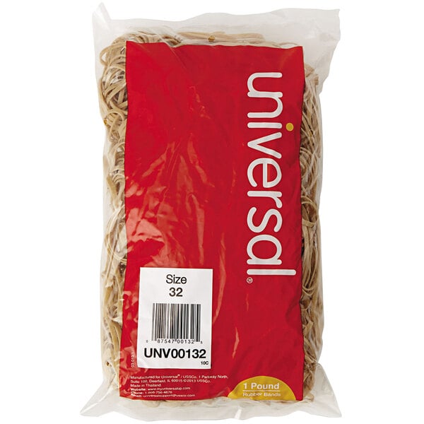 A red plastic bag of beige Universal rubber bands.