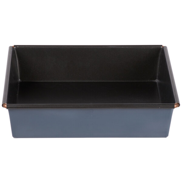A black rectangular Matfer Bourgeat non-stick cake pan.
