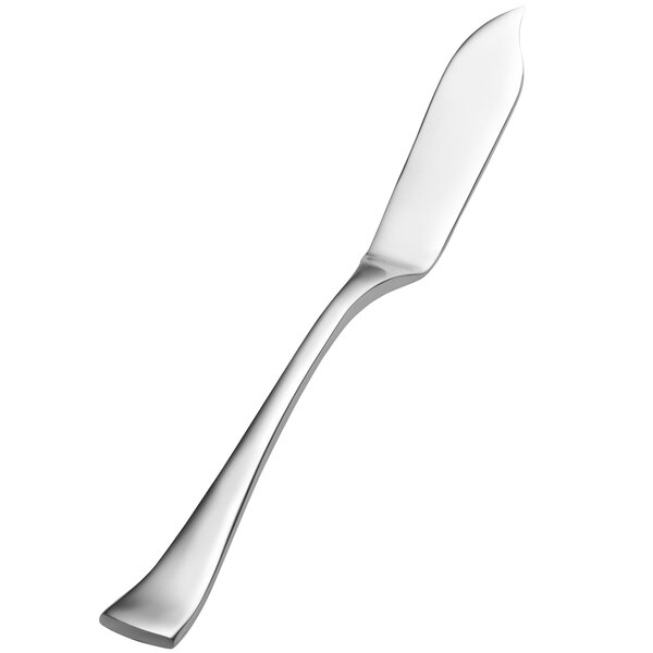 A close-up of a Bon Chef stainless steel butter knife with a long silver handle.
