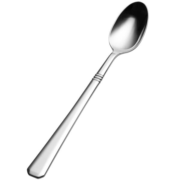 A close-up of a Bon Chef stainless steel iced tea spoon with a handle.