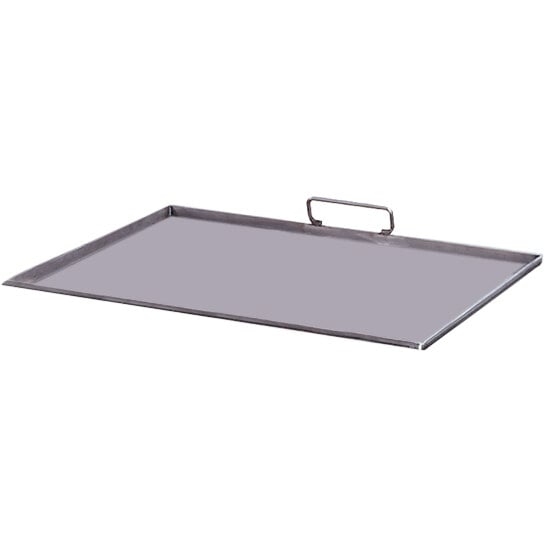 A rectangular metal griddle plate with a handle.