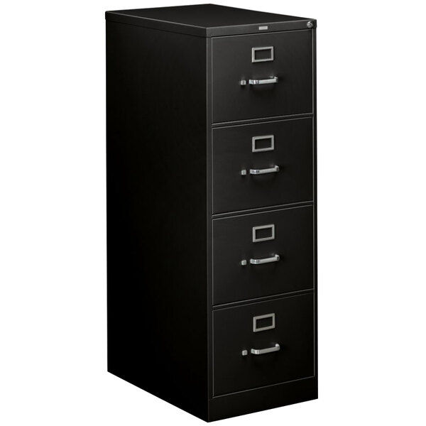 A black HON filing cabinet with four drawers and silver handles.