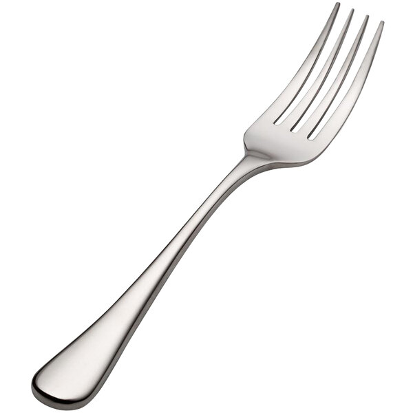 A close-up of a Bon Chef Como stainless steel salad/dessert fork with a silver handle.