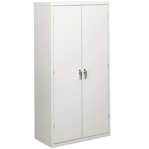 A light gray storage cabinet with two doors and silver handles.