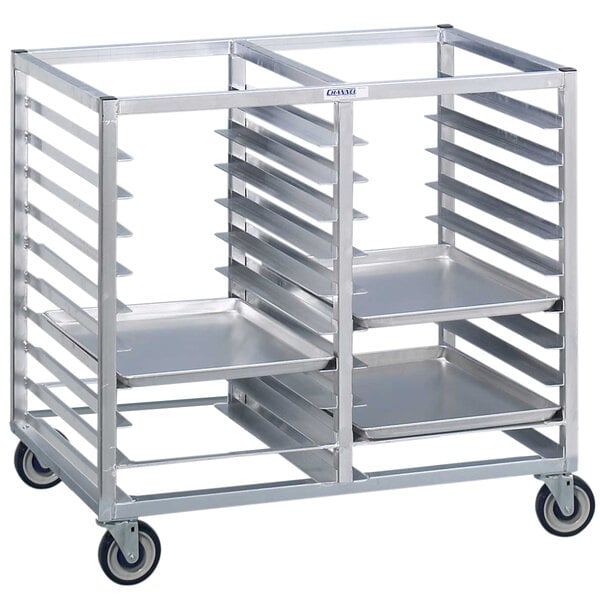 A Channel metal sheet pan rack with 15 shelves on wheels.