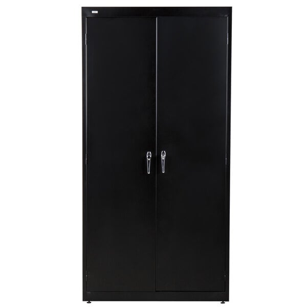 A black metal HON storage cabinet with silver handles on the doors.