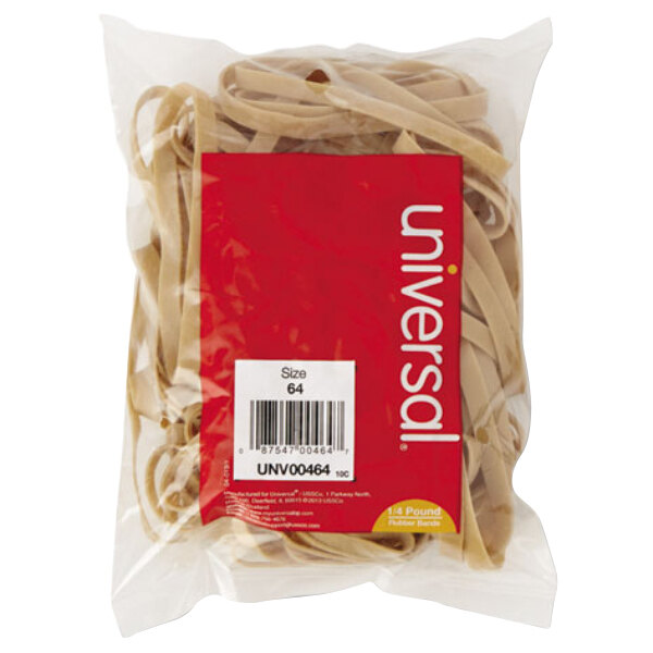 A white bag of Universal beige rubber bands with a red and white label.