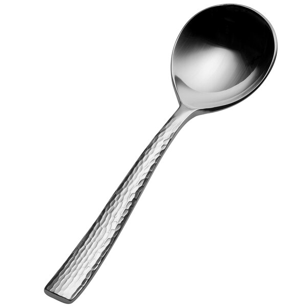 A close-up of a Bon Chef stainless steel bouillon spoon with a textured handle.