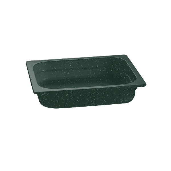 A green rectangular Tablecraft food pan with white specks.