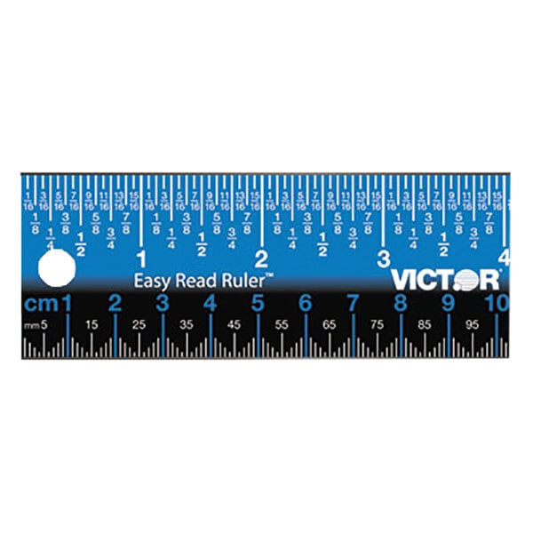 A close-up of a Victor blue stainless steel ruler with white and black text.