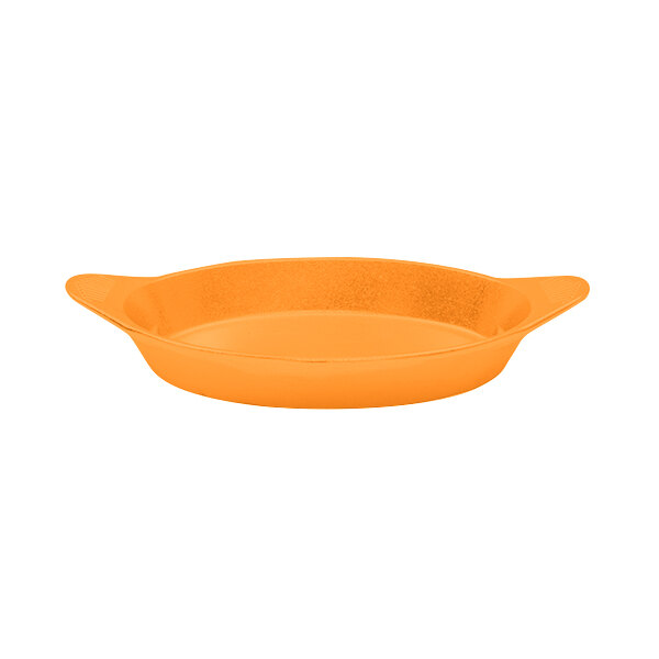 An orange oval pan with shell handles.