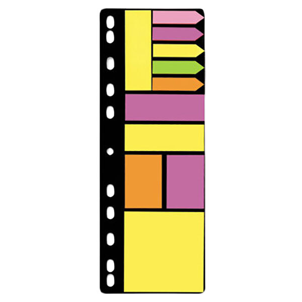 A colorful rectangular object with different colored tabs and holes.