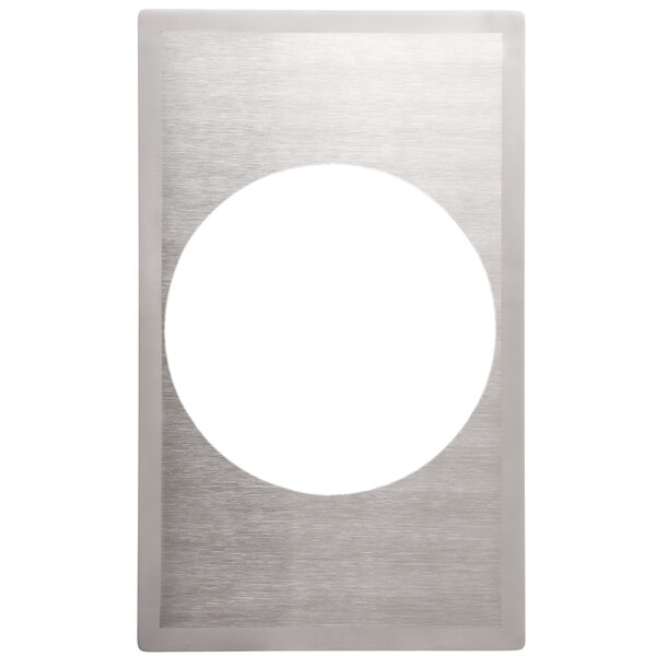A silver rectangular stainless steel adapter plate with a circular hole in the middle.