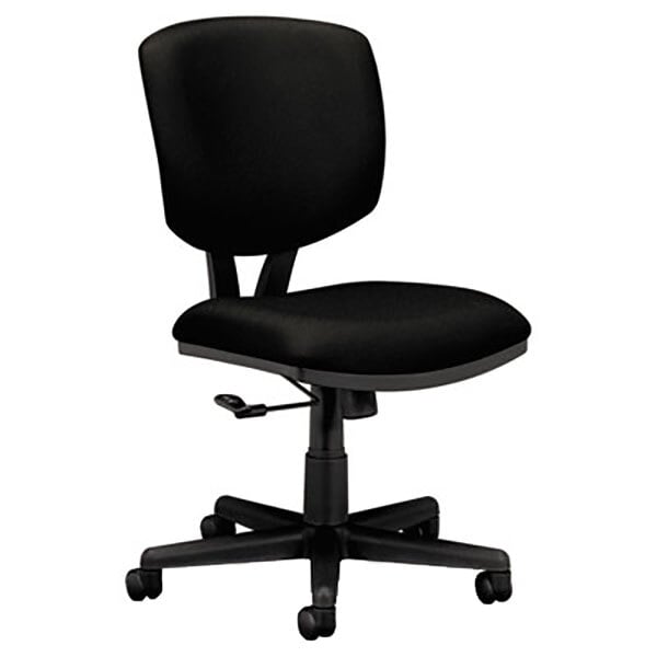 A close-up of a black HON Volt fabric office chair with wheels.