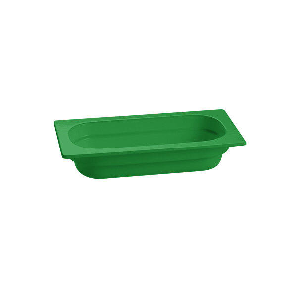 A green rectangular cast aluminum food pan.