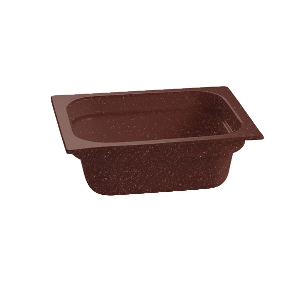 A maroon rectangular food pan with specks.