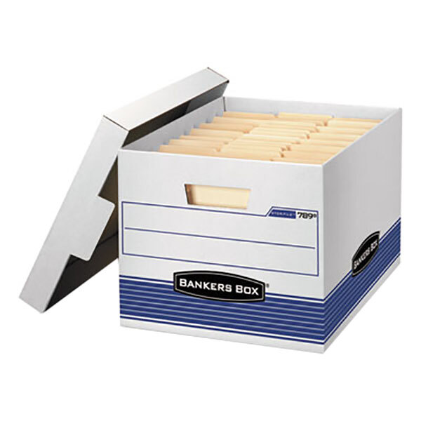 A white Fellowes Banker's Box file storage box with a blue and white lid.