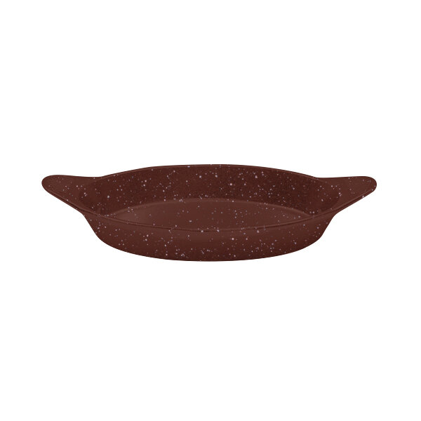 A brown oval metal bowl with white specks.
