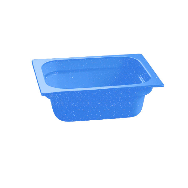 A blue rectangular Tablecraft cast aluminum food pan with white specks.