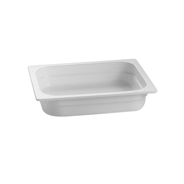 A natural cast aluminum food pan with a white background.