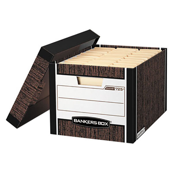 A brown and white Fellowes Banker's Box file storage box with two folders inside.