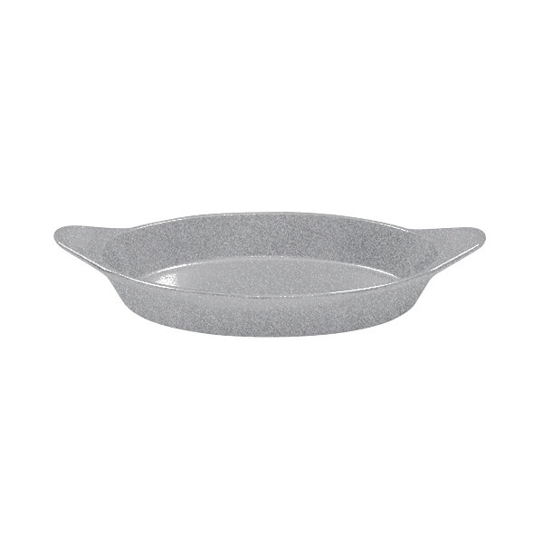A gray Tablecraft oval server with shell handles.