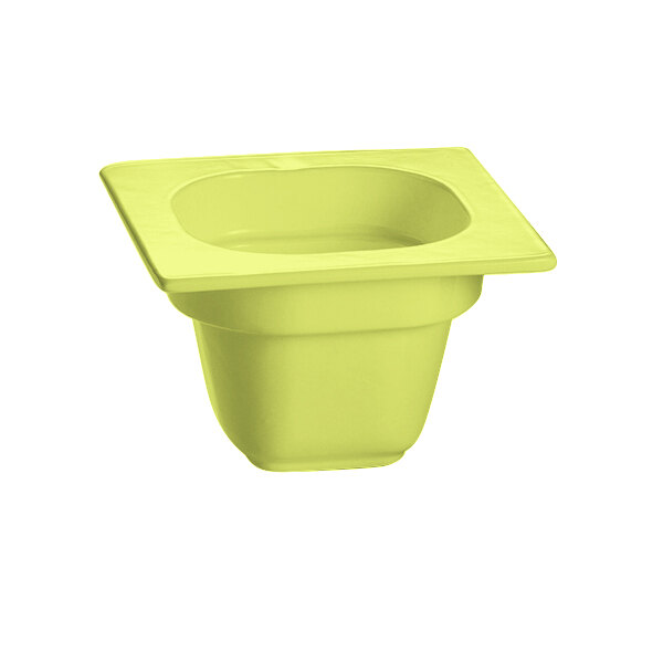 A lime green square Tablecraft food pan with a square top.