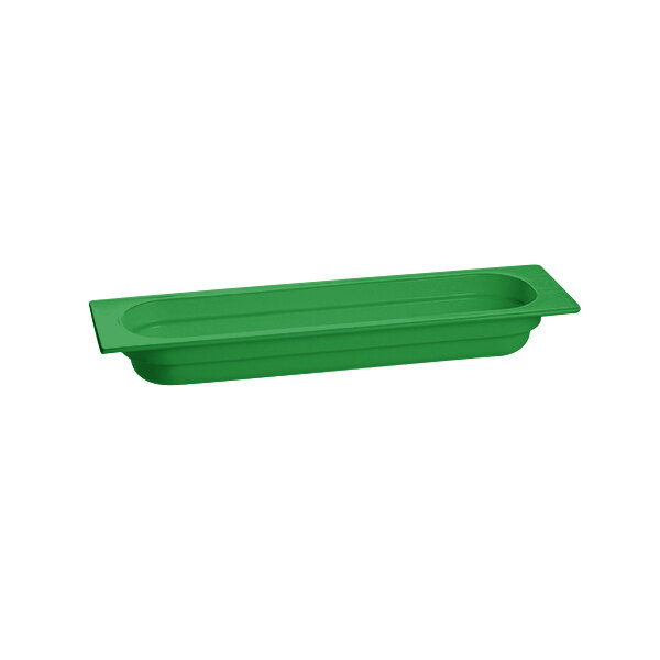 A green rectangular cast aluminum food pan by Tablecraft.