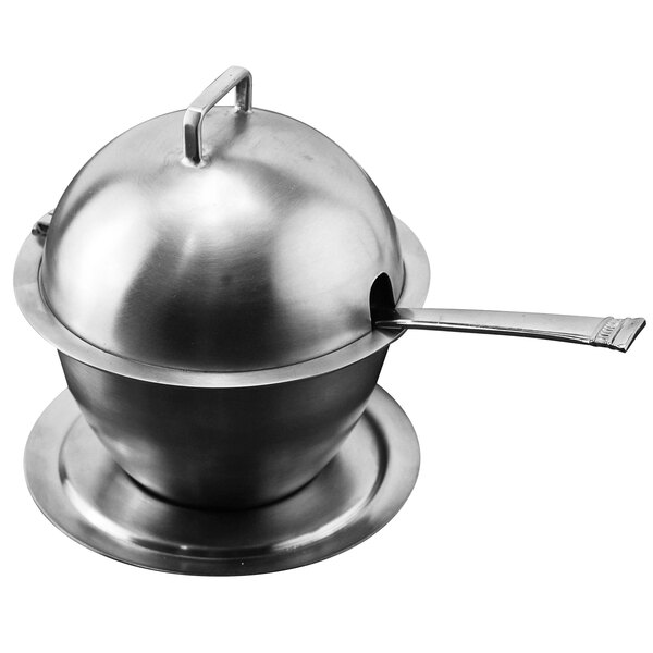 A stainless steel hinged covered bowl with a handle and a lid.
